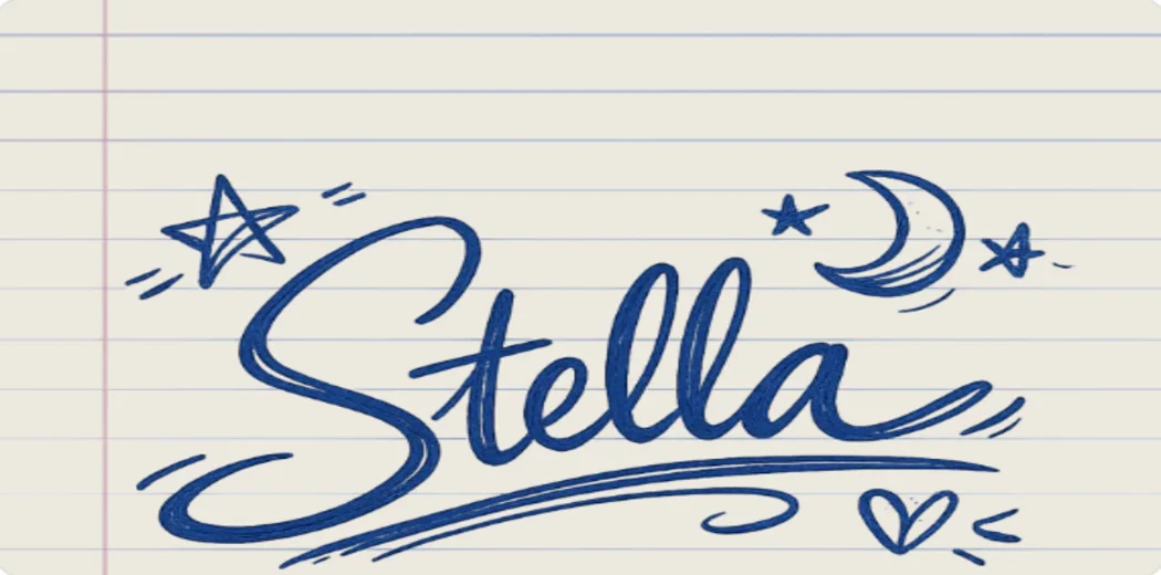 Decorative blue signature written on lined notebook paper